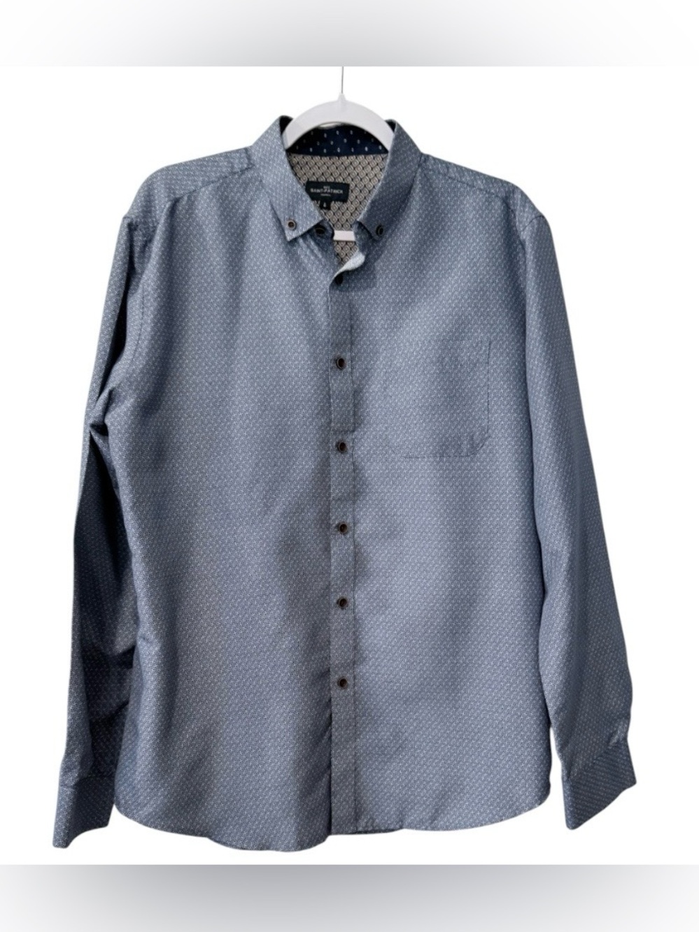 Rue Saint Patrick men’s Large long sleeve stretch poplin blue & white shirt